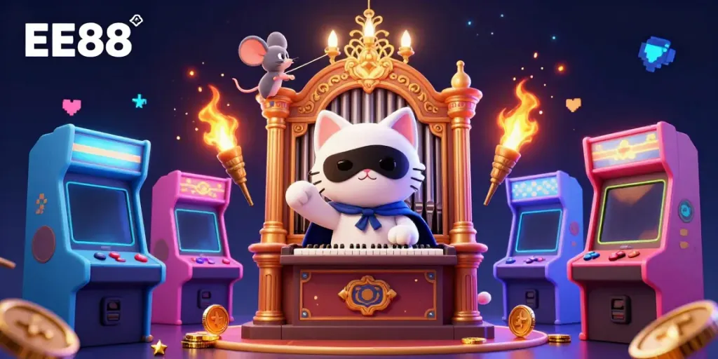 Experience the thrill of EE88 online casino with a dynamic 3D illustration featuring gaming elements.