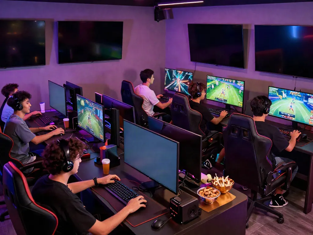 Kilat404 gaming community enjoying multiplayer fun in a vibrant gaming lounge.