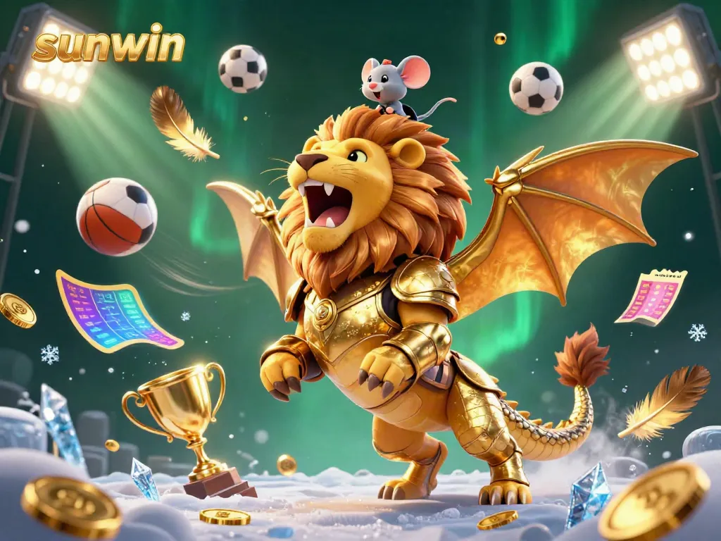 Engage in thrilling gaming adventures with Sunwin, featuring vibrant visuals of a roaring chimera and flying sports elements.