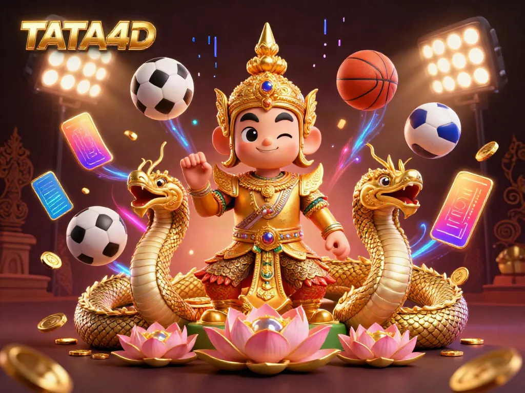TATA4D sports betting illustration showcasing a friendly guardian and Naga with dynamic game elements