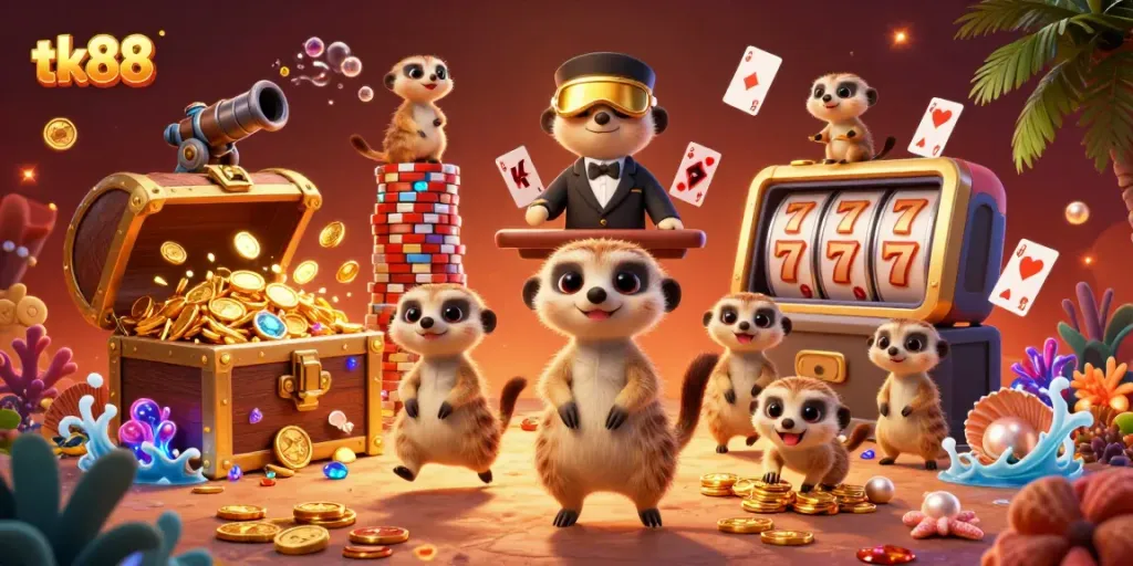 Experience exciting gameplay at tk88 casino with meerkats managing a vibrant gaming scene.
