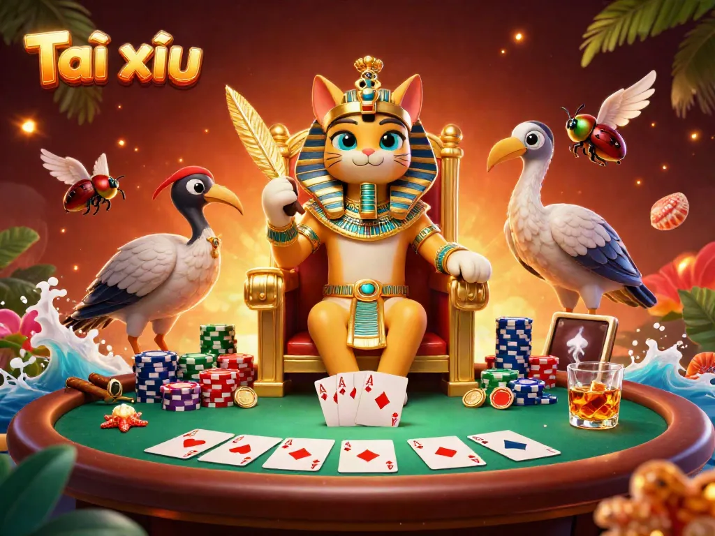 Tài xỉu showcase featuring a pharaoh cat and scribe in a vibrant casino setting, illustrating exciting gameplay.