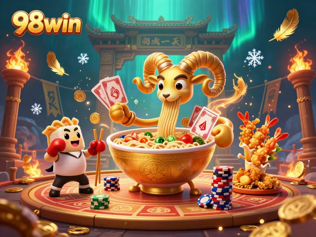 Engage with 98win's vibrant casino world featuring colorful characters and dynamic gambling elements.