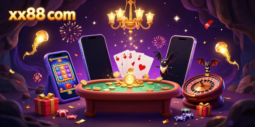 Experience the thrill of xx88 com with glowing casino action featuring animated characters and games.