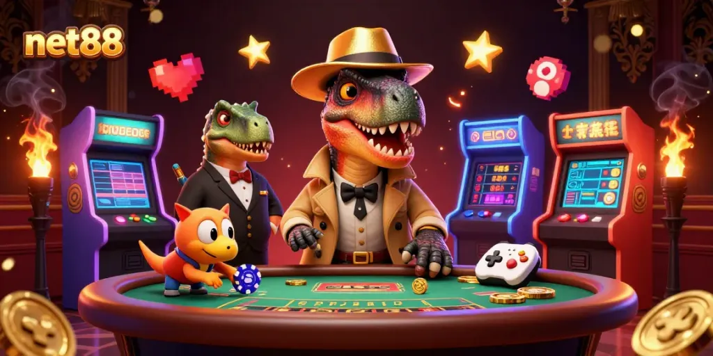 Experience thrilling blackjack gameplay at net88, featuring a covert velociraptor player and animated casino scenes.
