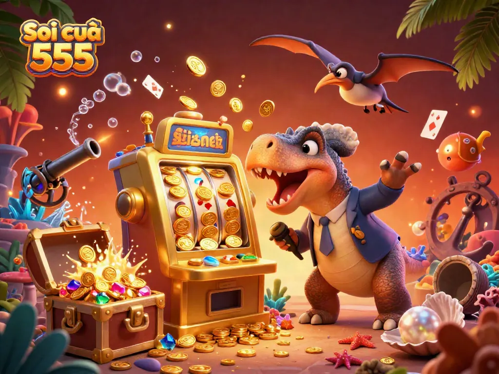 Soi cầu 555 reveals an exciting dinosaur scene, featuring a pachycephalosaurus winning at a golden slot machine in an underwater casino.