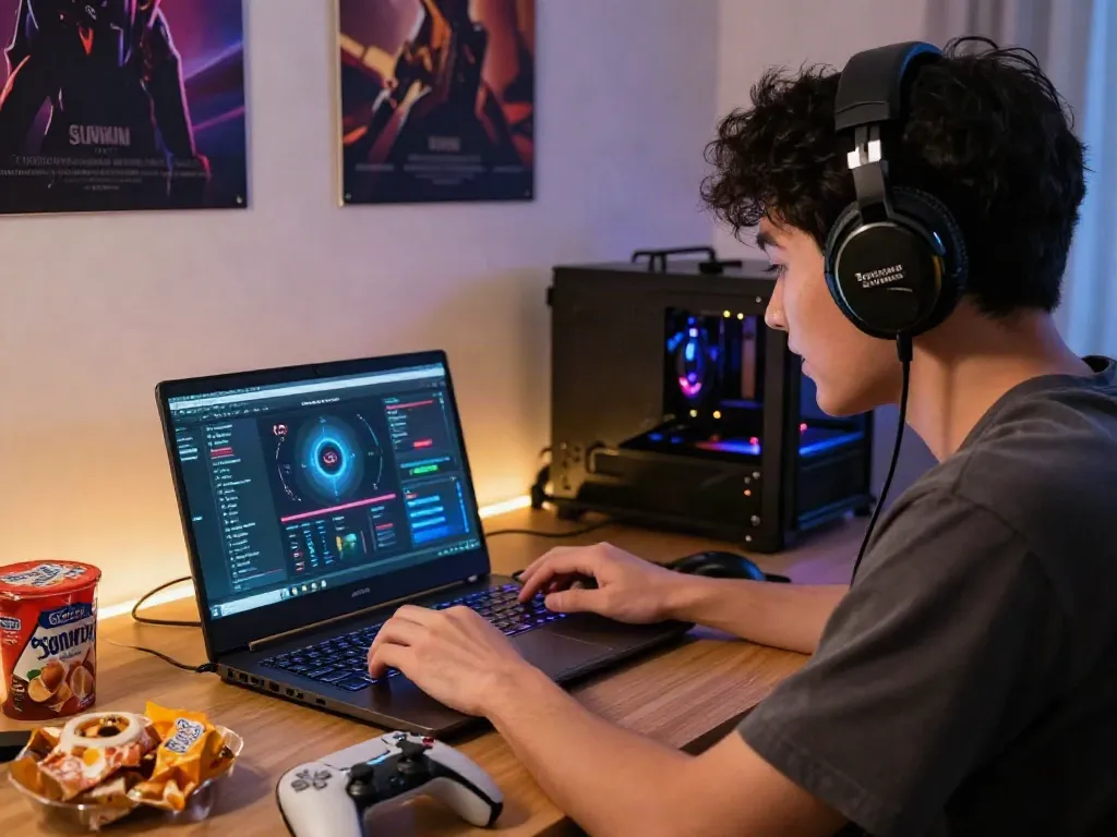 Immersive gaming moment at https://sunwint4.com/ with player engaged in online games, cozy setup.