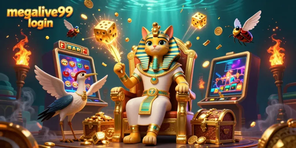 Gambarlah momen menarik saat login megalive99 dengan kucing firaun dan mesin slot mewah