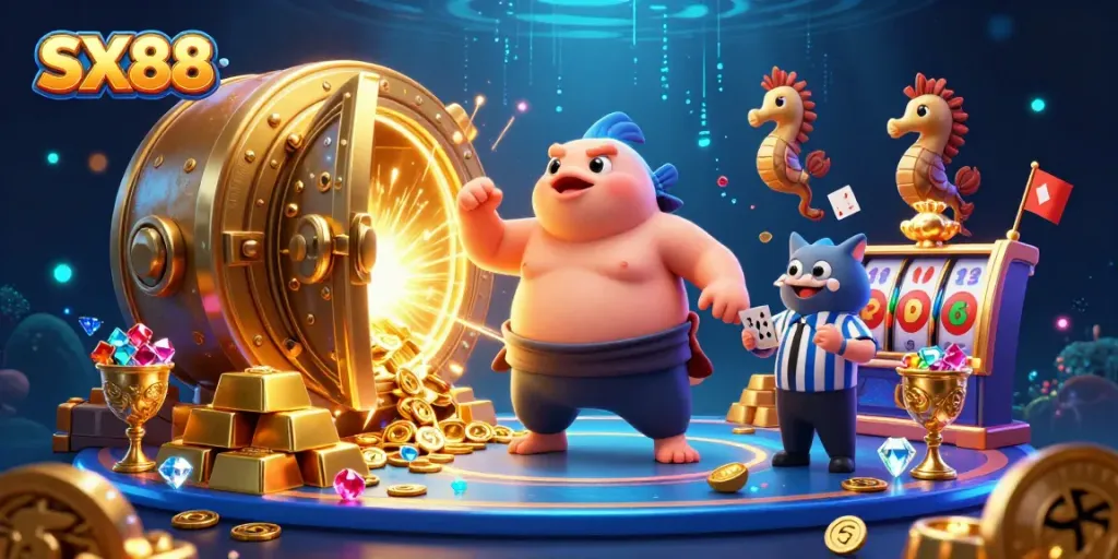 SX88 gaming fun with 3D fugu wearing a sumo belt, bright casino elements, and treasures.