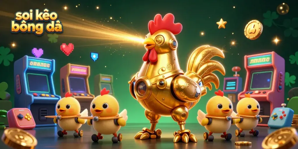 Experience soi kèo bóng đá with vibrant 3D illustrations of a golden rooster robot and baby chick drones amidst casino elements.