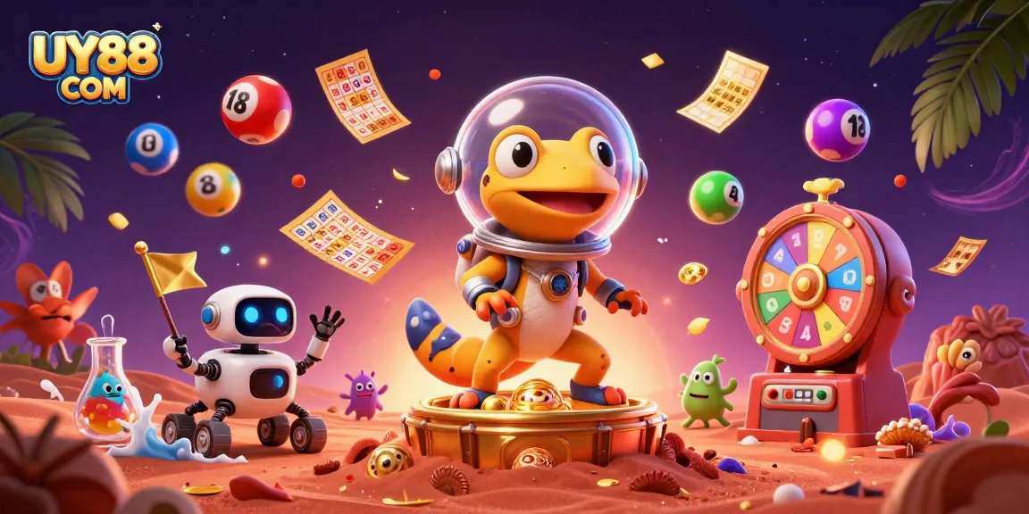 Engage with exciting casino games at UY88 COM featuring Martian gecko and vibrant design elements.