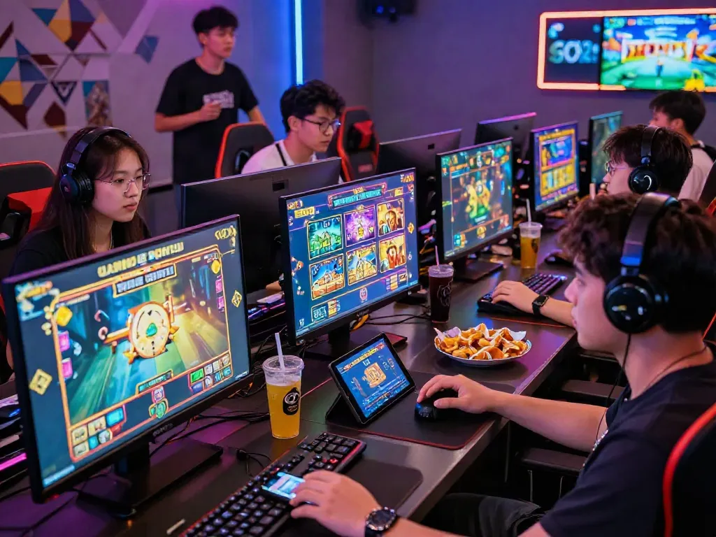 Players immersed in exciting lumbung88 online slot games in a vibrant lounge.