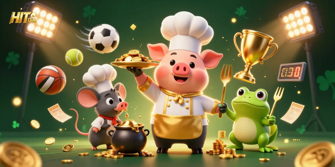 Experience HITCLUB's vibrant gambling scene with chef pig, sous-chef mouse, and critic frog amid gold coins.