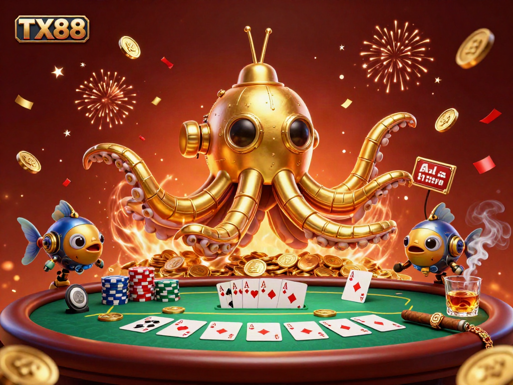 Engage in vibrant casino action with TX88, featuring a golden kraken submarine amidst poker elements.