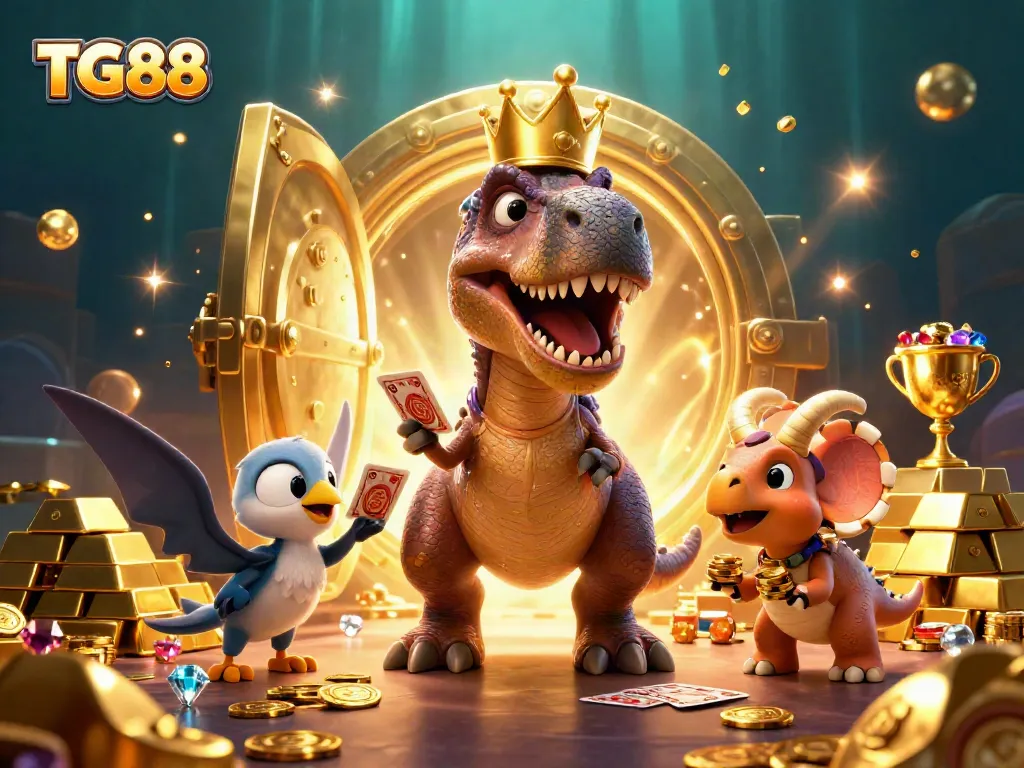 Experience thrilling casino excitement with TG88 through ultra-detailed 3D illustration of playful dinosaurs and treasures.