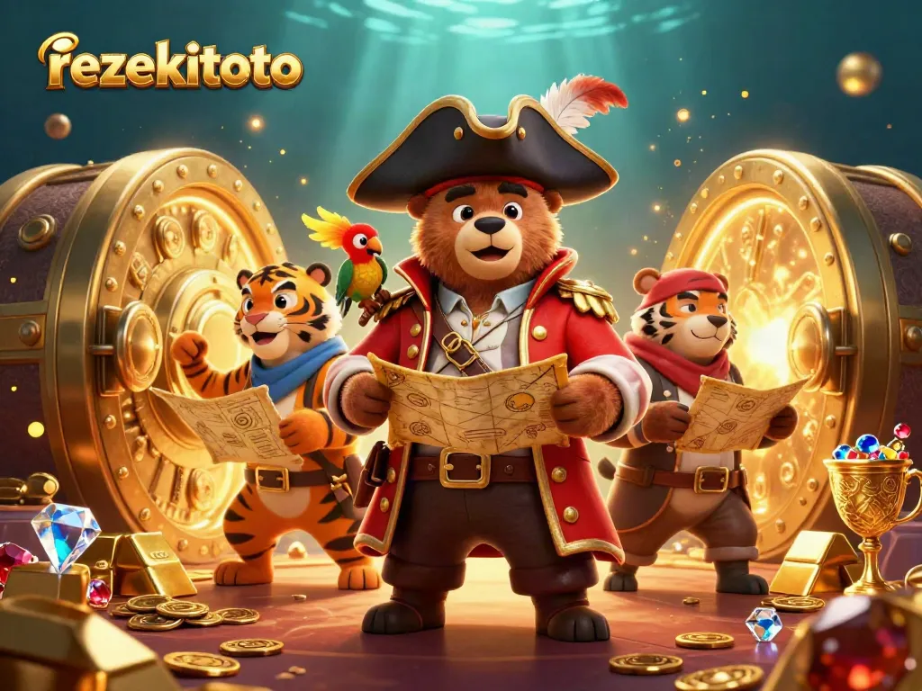 Experience the excitement with rezekitoto as the pirate bear and tiger navigate a treasure-filled casino adventure.