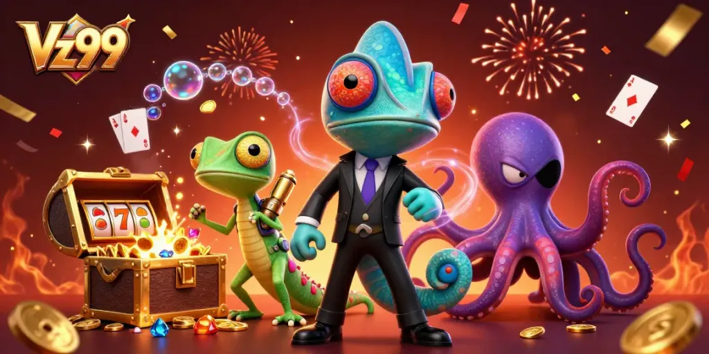 Experience thrilling casino action with Vz99's vibrant characters amidst explosive treasures and celebratory elements.