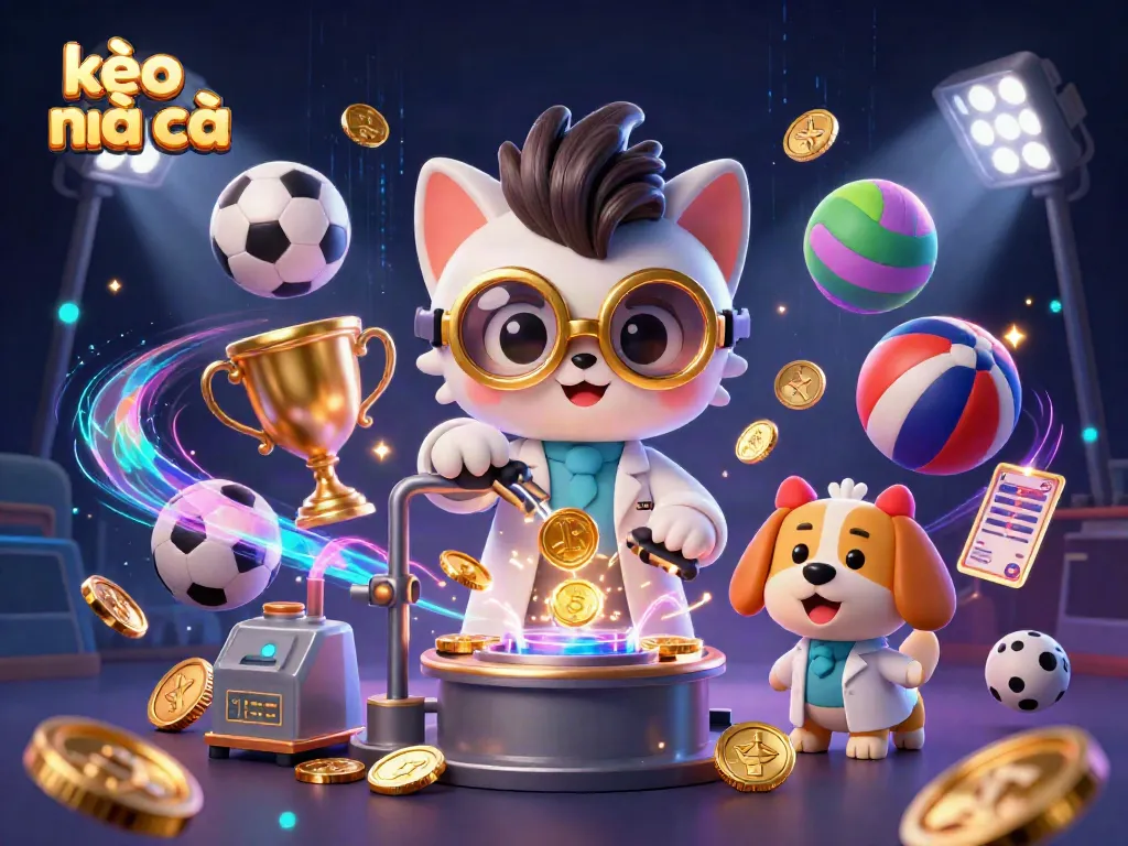 Experience kèo nhà cái action with a mad scientist cat and a dog assistant in a vibrant sports-themed lab.