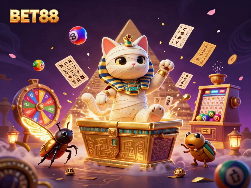 Experience the excitement of BET88 with a vibrant scene featuring a cartoon mummy cat, golden sarcophagus, and dynamic lottery elements.