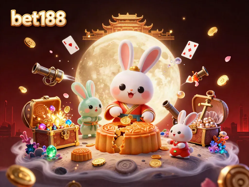 Bet188 showcases a vibrant 3D scene with a moon rabbit and poker chips, emphasizing casino excitement.