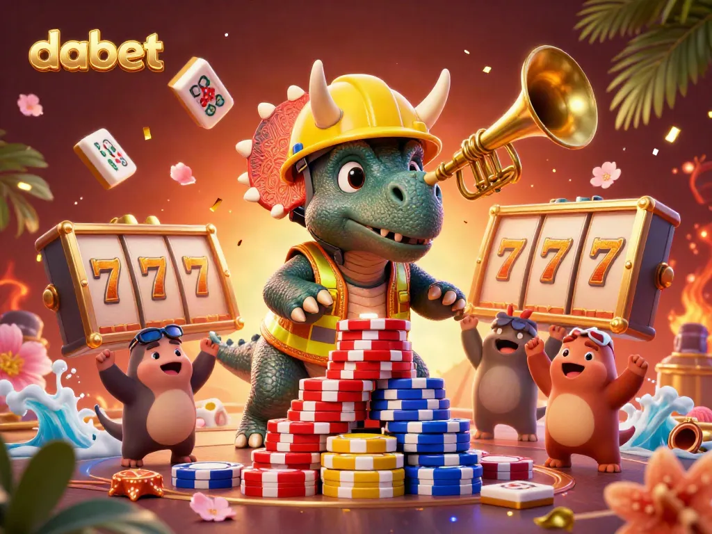 Experience thrilling gameplay at dabet with a vibrant casino scene of a triceratops building poker chip pyramids.