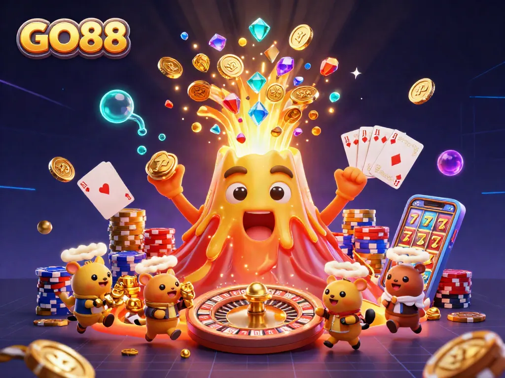 Join the excitement at GO88 with a vibrant gambling scene filled with treasures, spinning reels, and triumph.