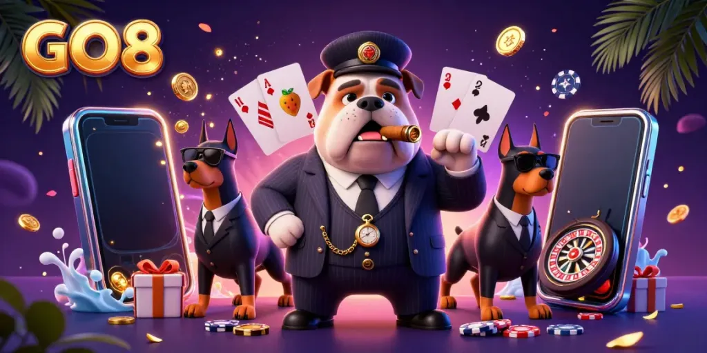 Engage in GO8 casino excitement with a mafia boss bulldog, dynamic casino elements, and vibrant visuals.