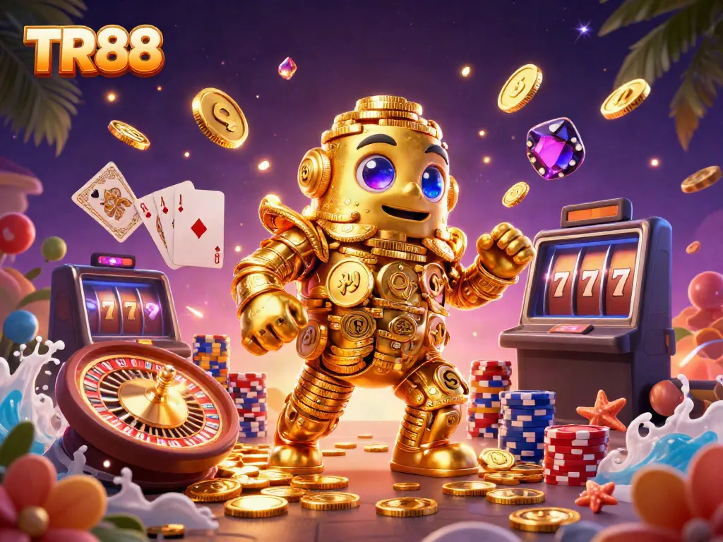 Engage with TR88 online gaming excitement featuring animated golden casino elements.