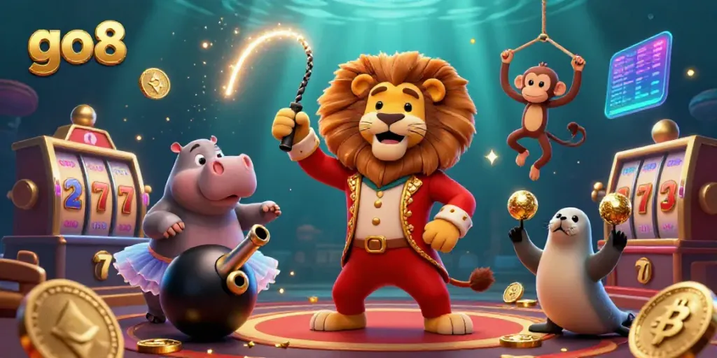 Experience high-stakes gaming excitement at go8 with vibrant 3D casino characters and crypto elements.