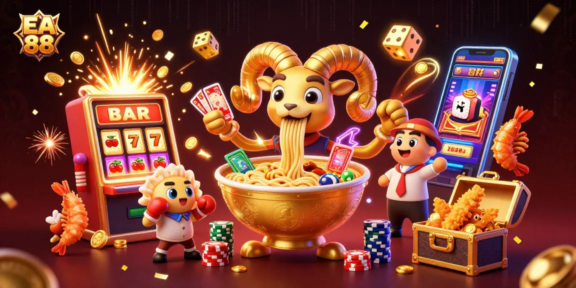 Engage with EA 88 in this vibrant casino scene featuring a golden ramen bowl dealer and exciting game elements.