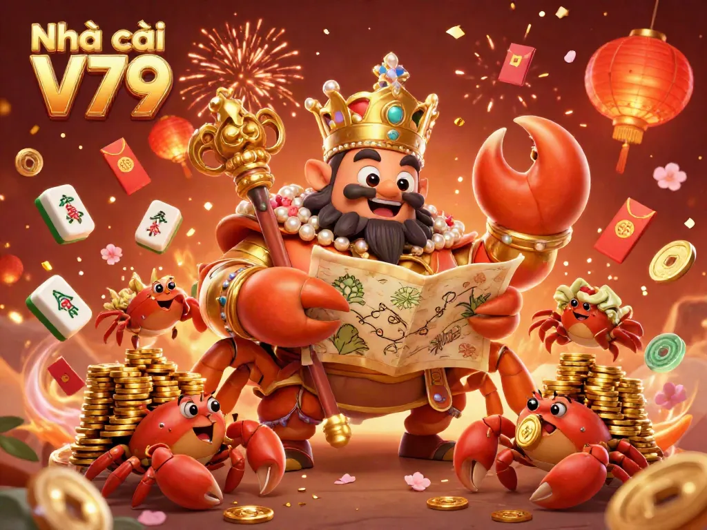 Experience the excitement of Nhà cái V79 with a golden crab emperor and vibrant casino elements.