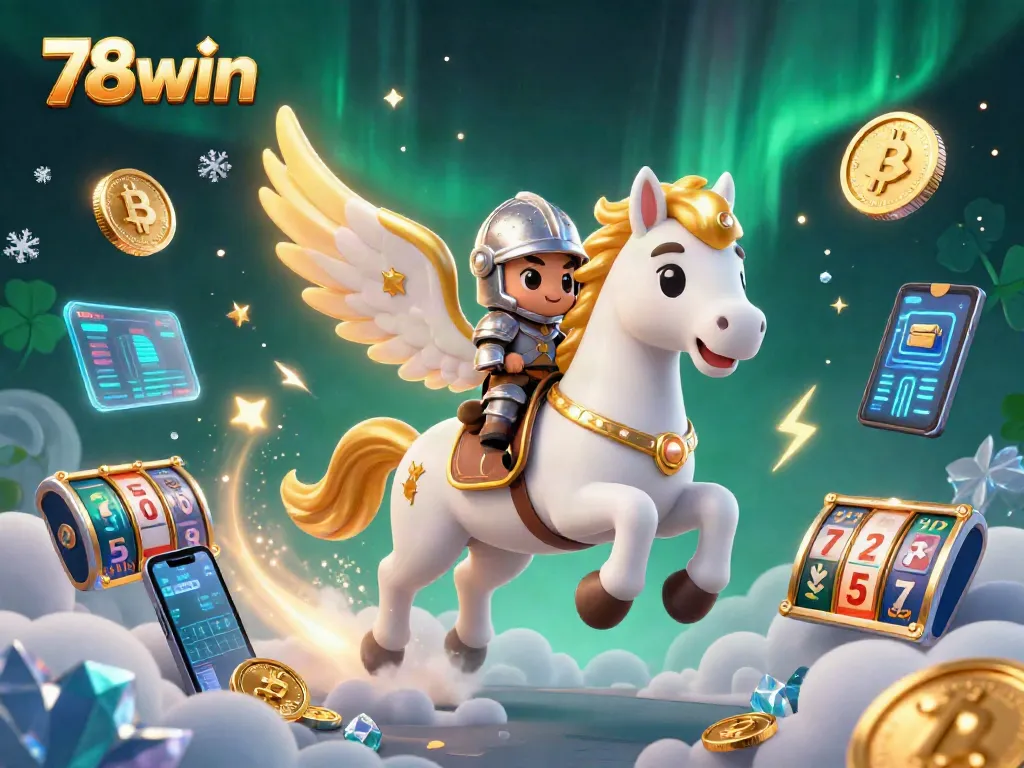 Experience thrilling slots with 78win's immersive 3D illustration featuring crypto elements and magical characters.