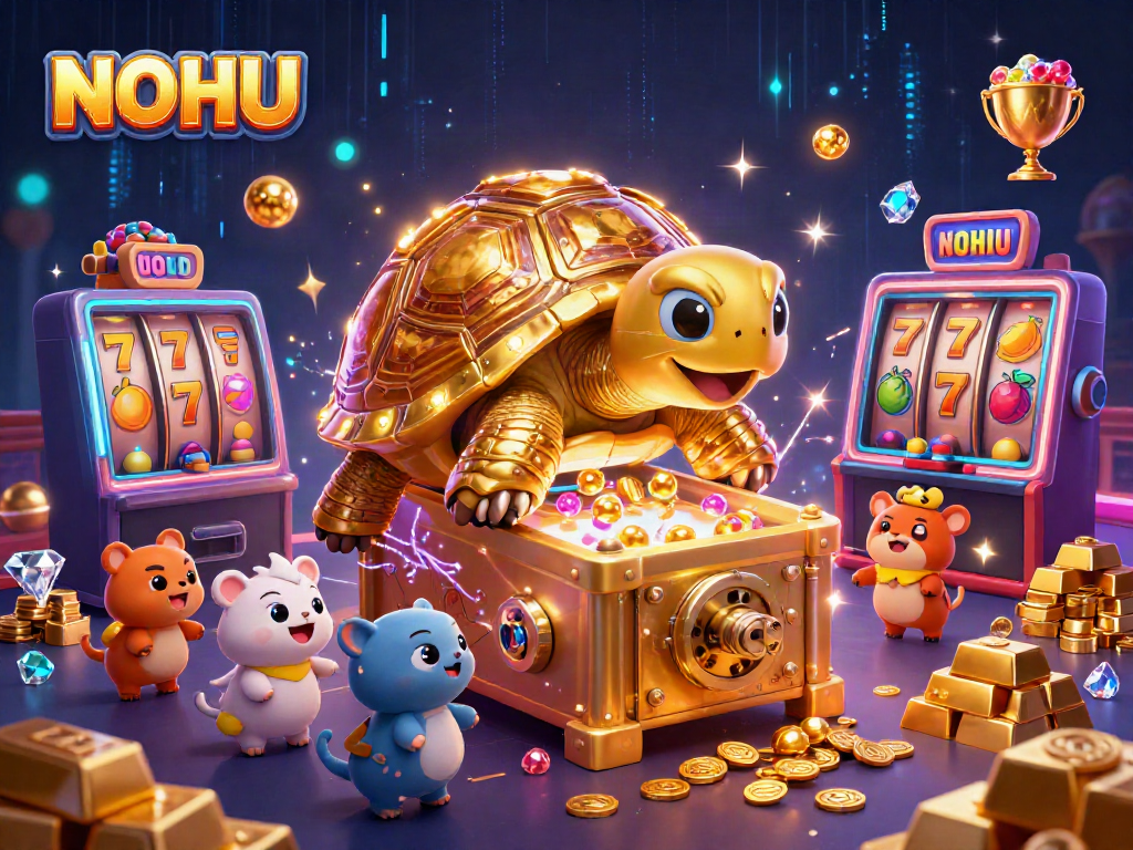 Engage in the thrilling slot experience at NOHU with a vibrant scene of gold, gems, and animated play.