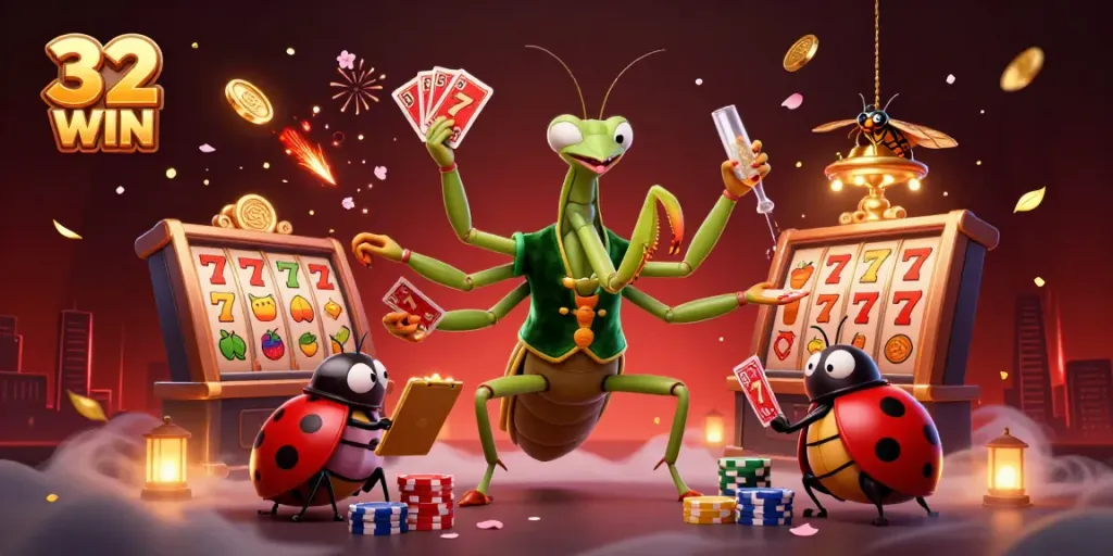 Experience the thrilling action of 32 WIN with a giant praying mantis dealer and vibrant slot machine elements.