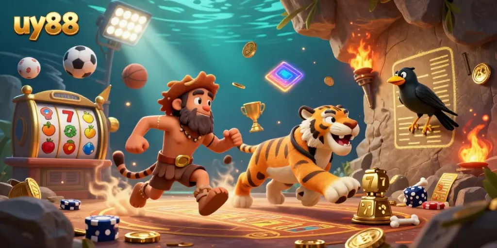 Experience the vibrant casino world of uy88 with a dynamic 3D scene featuring lively characters and engaging games.