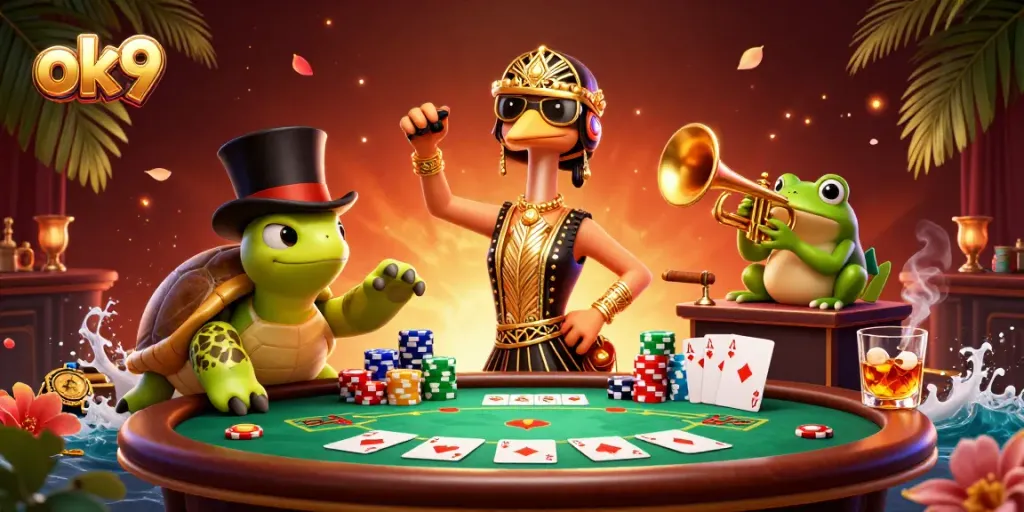 Win big with ok9-themed casino illustration featuring lively characters and poker elements.