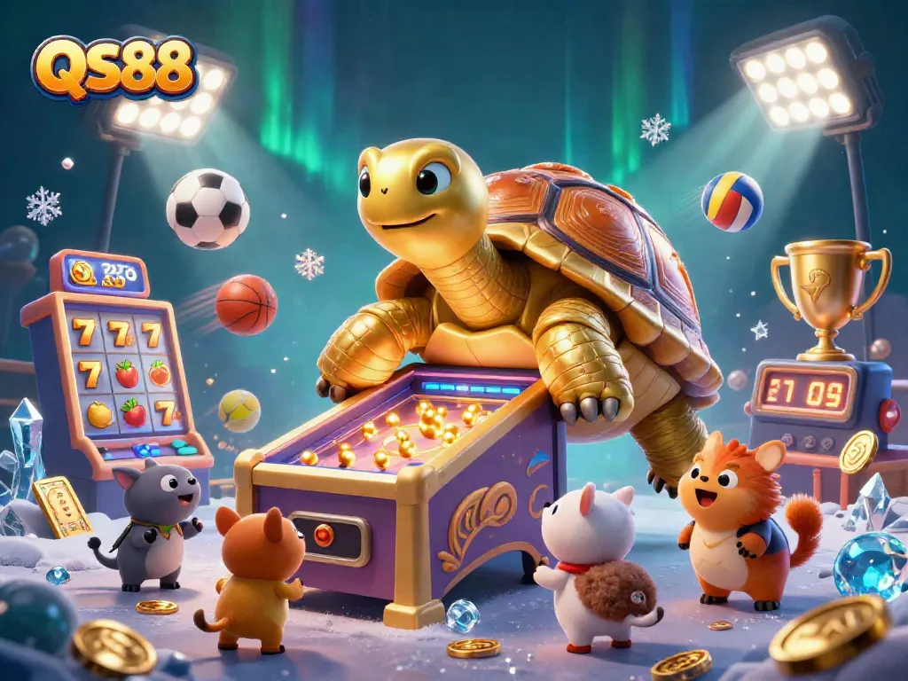 Experience the exciting QS88 casino with games and golden rewards featuring a colossal tortoise.