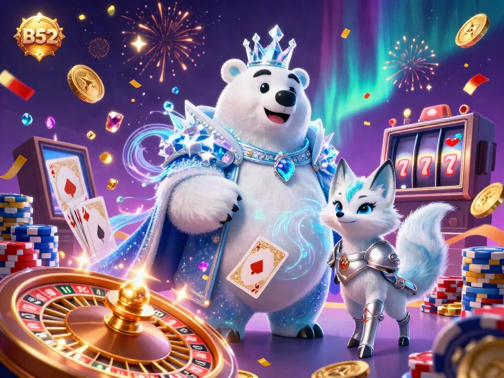 B52-based illustration showcasing a dynamic casino atmosphere with gold coins, roulette wheel, and festive energy.