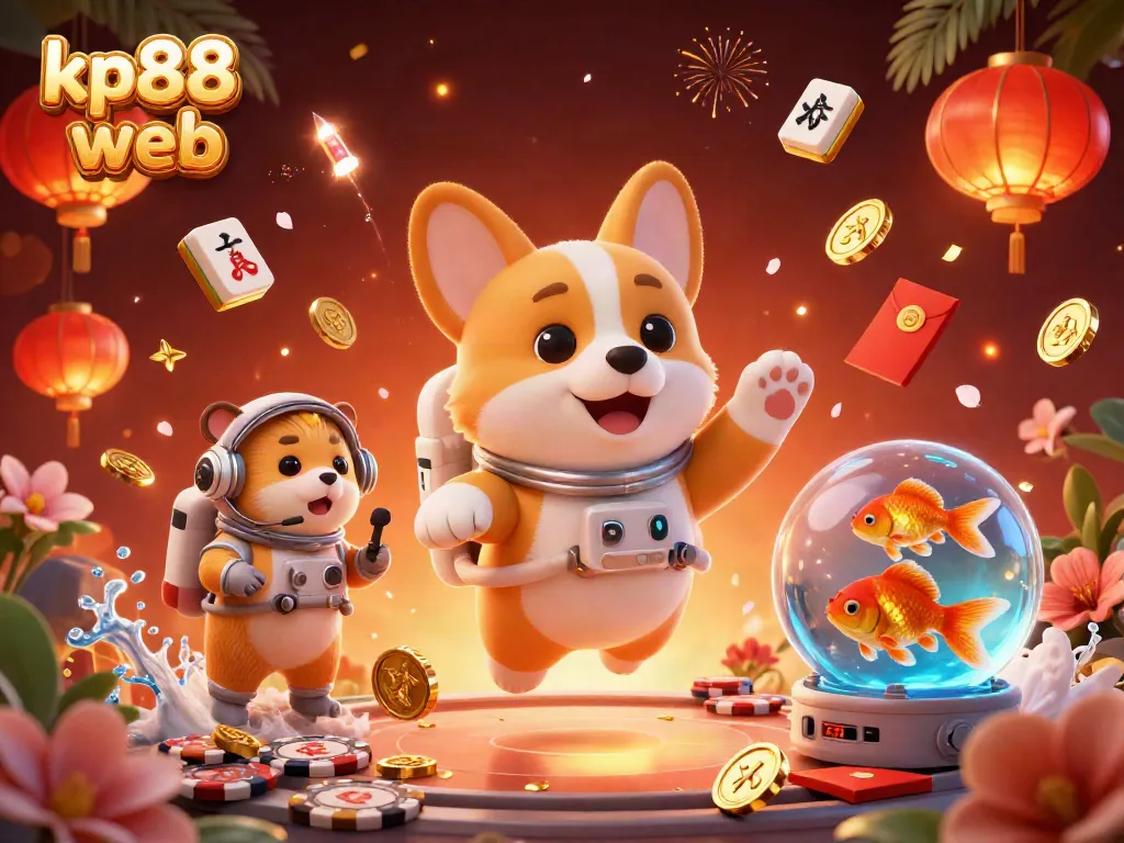 Experience the excitement of kp88 web in a vibrant, zero-gravity casino scene with floating characters and game elements.