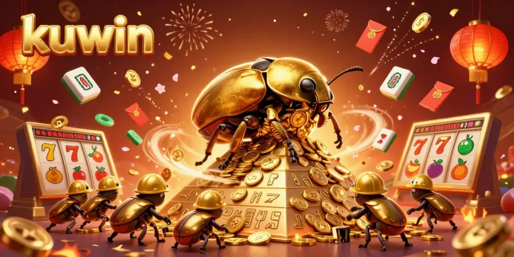 Kuwin's exciting gaming scene featuring golden beetles and festive casino symbols, immersive online experience
