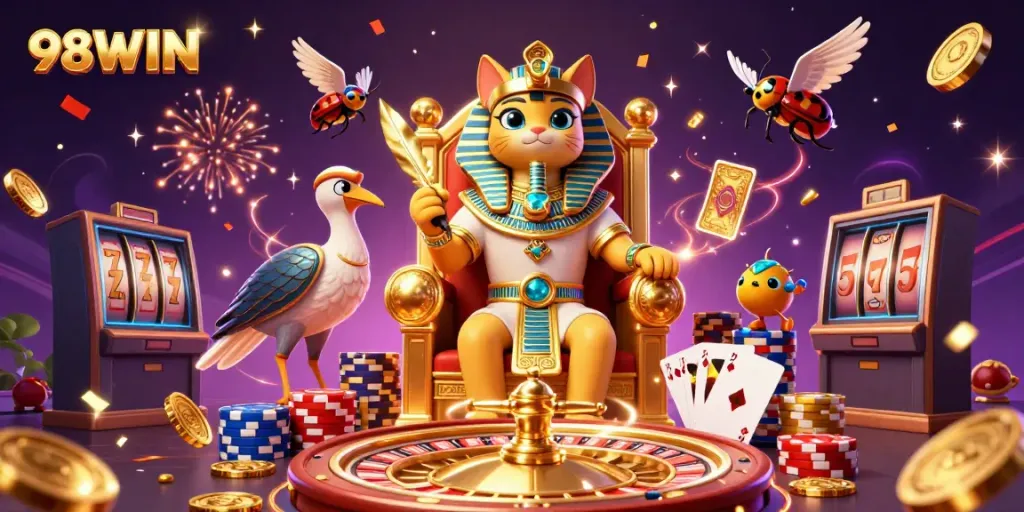 Engage with 98WIN's thrilling casino experience alongside a pharaoh cat and sparkling treasures.