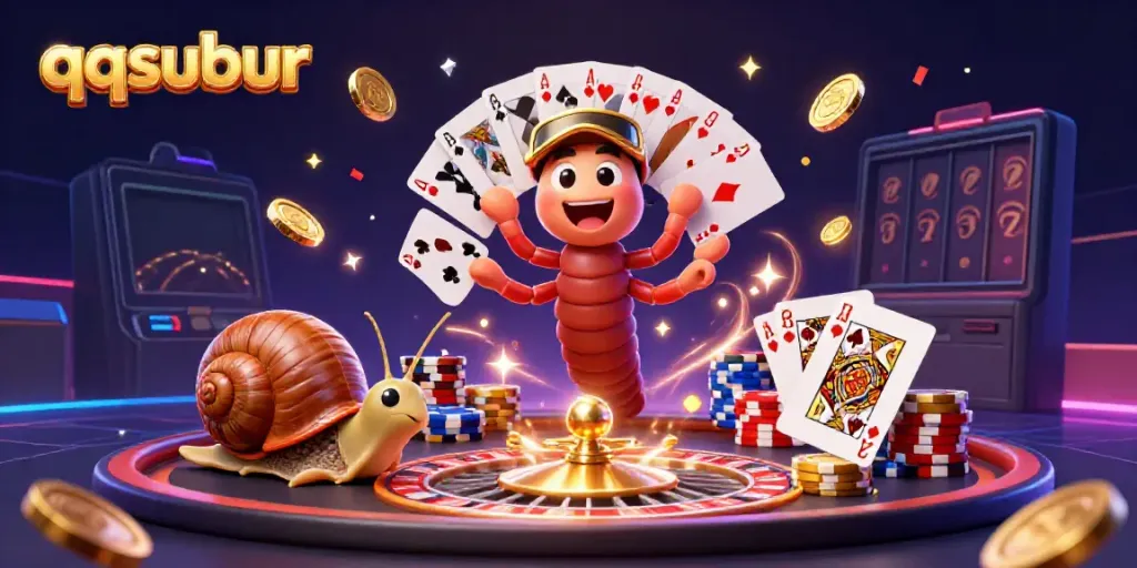 Experience the vibrant energy of qqsubur casino with a lively 3D scene of characters surrounded by chips, cards, and celebratory visuals.