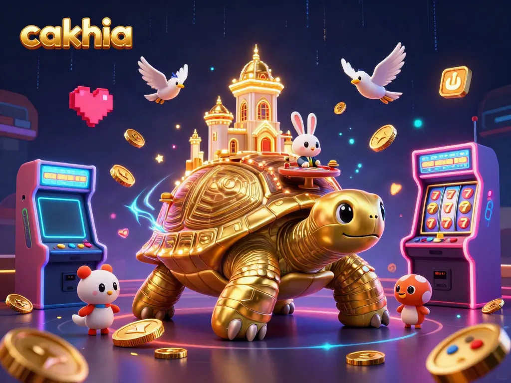 Experience thrilling gameplay at Cakhia with a lively casino scene featuring a golden tortoise and rabbit dealer.