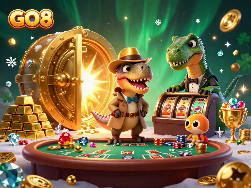 GO8 velociraptor discreetly counting cards at blackjack, surrounded by casino treasures.