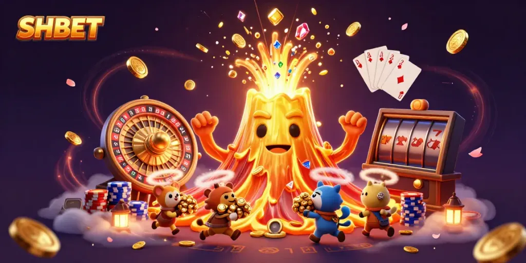 Experience SHBET's thrilling jackpot action with a golden volcano erupting treasures in a vibrant casino scene.