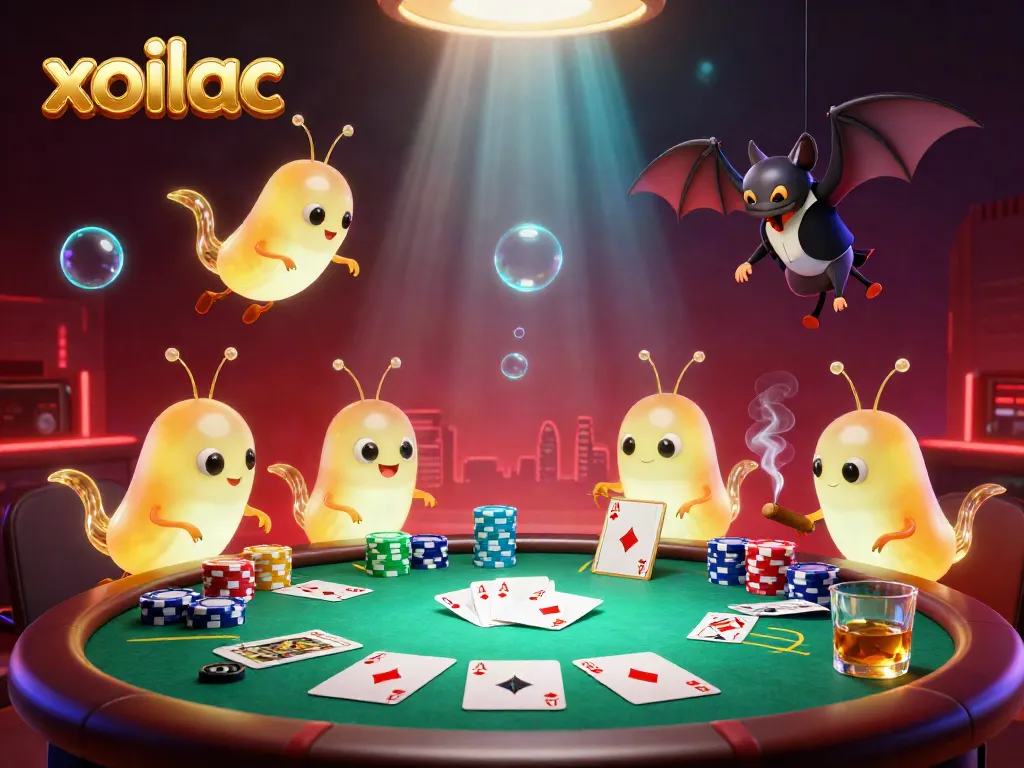 Experience the vibrant world of xoilac with glowworms illuminating a lively casino scene filled with poker elements.
