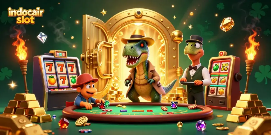 Ilustrasi 3D slot indocair menampilkan velociraptor di meja blackjack dengan elemen kasino berkilau.