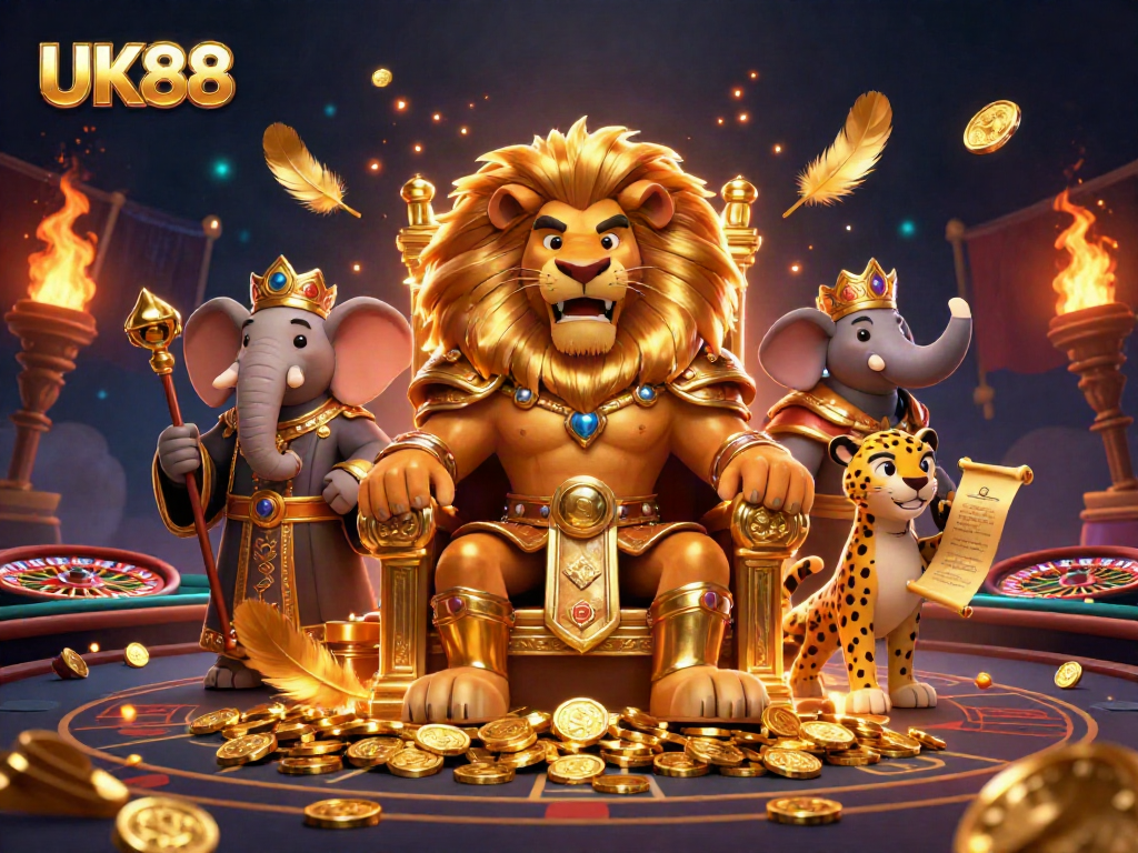 Win big with UK88 at this dynamic live casino scene featuring a royal lion and golden rewards.