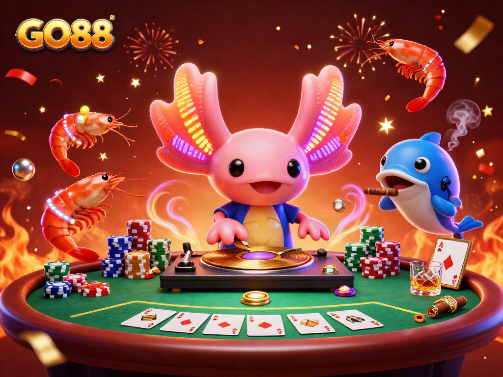 Spin to win at GO88 casino with a vibrant neon underwater party scene including unique casino elements.
