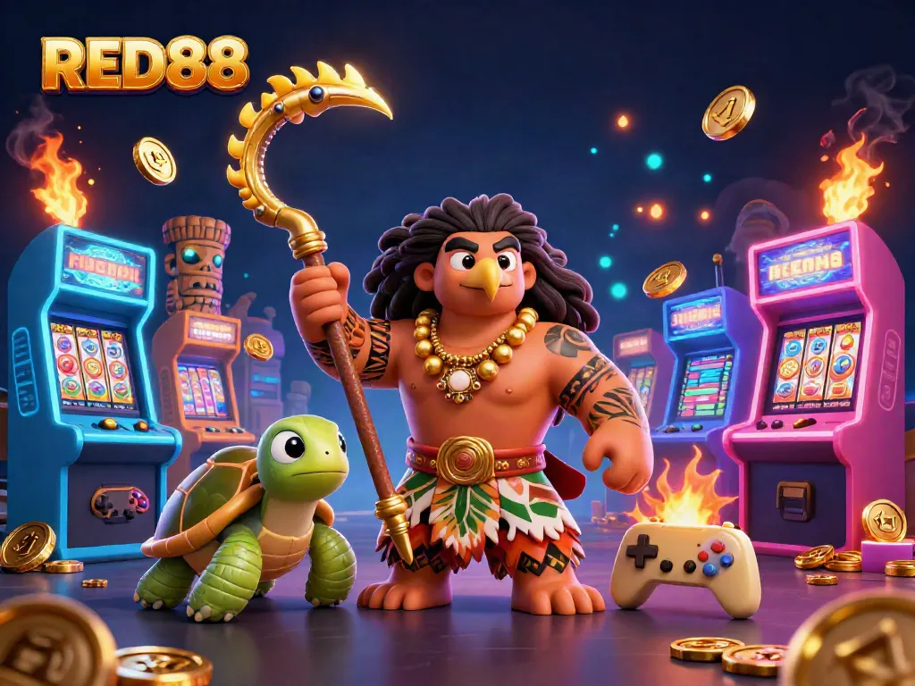Play slots and win big at RED88, featuring vibrant 3D gaming elements in an immersive scene.